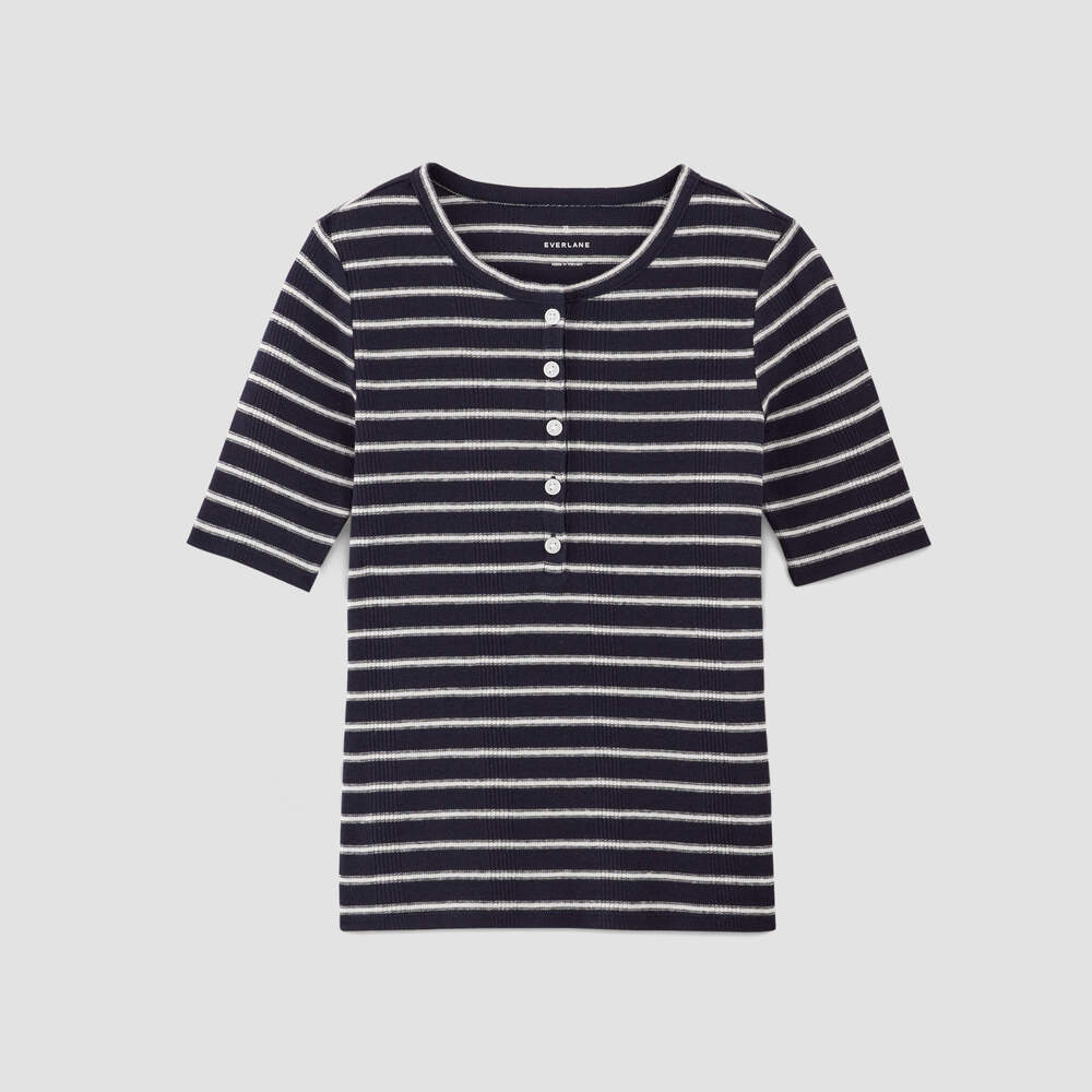 Everlane Vintage Rib Henley in Navy/Bone White, Size Large